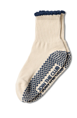 Scallop Edge Crew Grip Sock - Beige/Navy