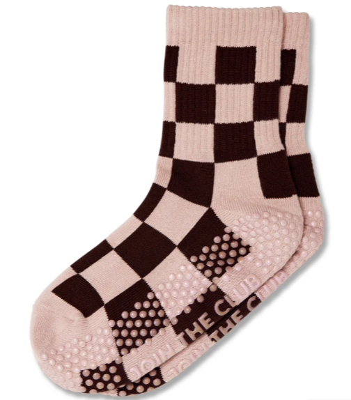 Checkered Crew Pilates Grip Sock - Pink/Chocolate