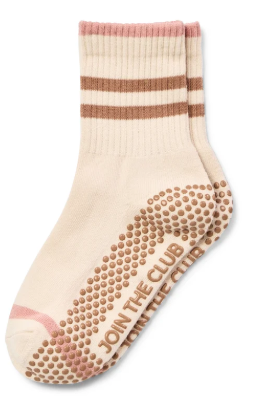 Multi Stripe Crew Pilates Grip Sock - Toffee/Pink