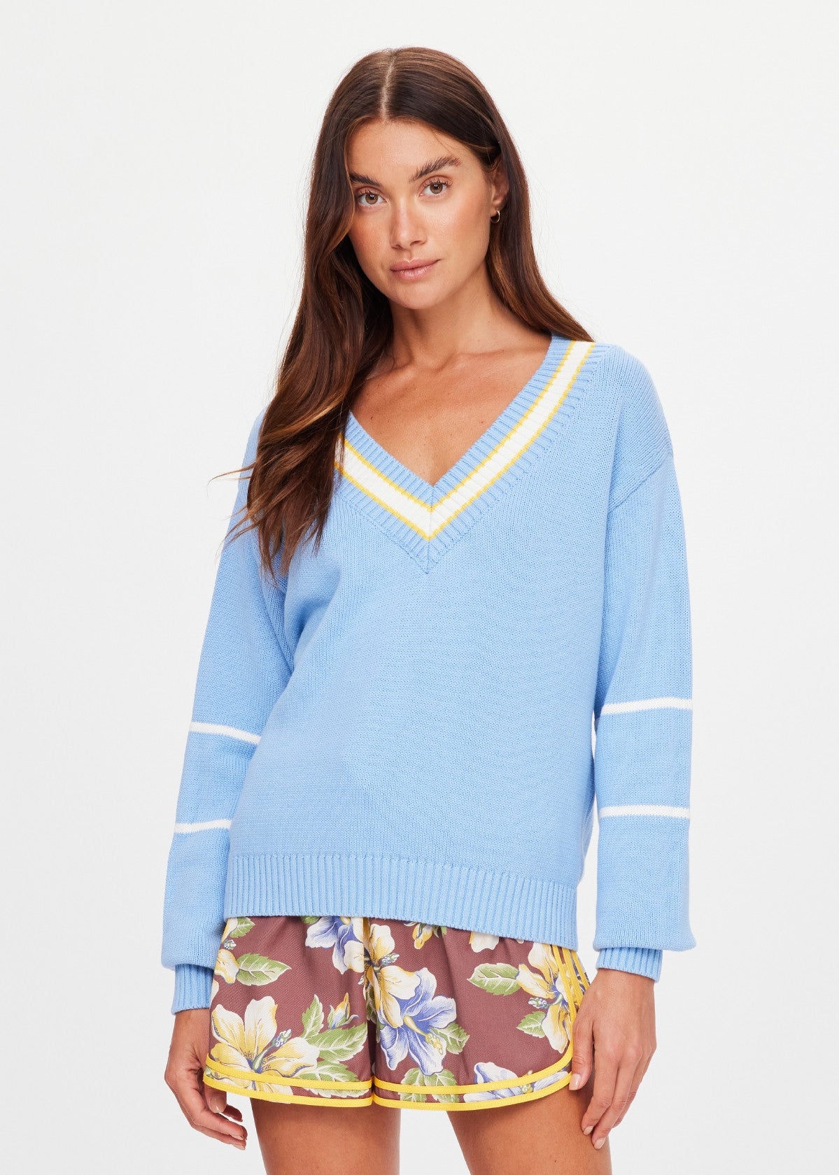 Rever Josette V Neck Sweater - Sky Blue