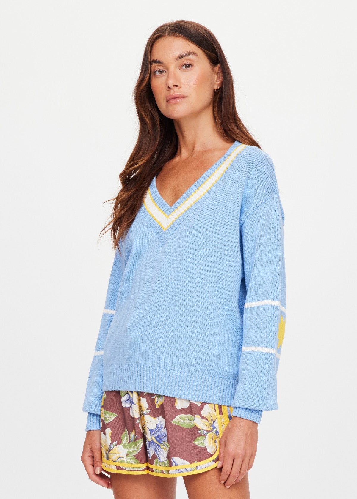Rever Josette V Neck Sweater - Sky Blue