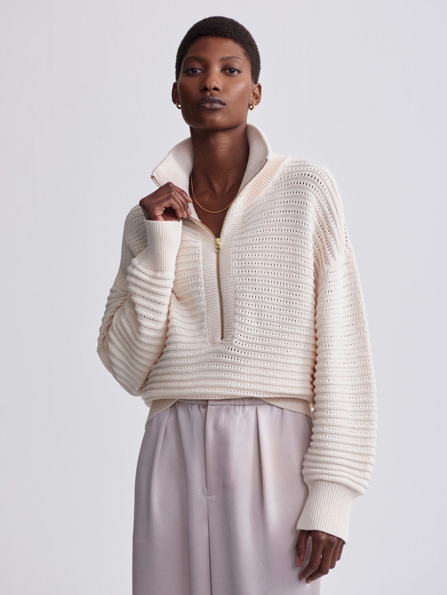 Tara Pointelle Half Zip -  Whitecap Grey
