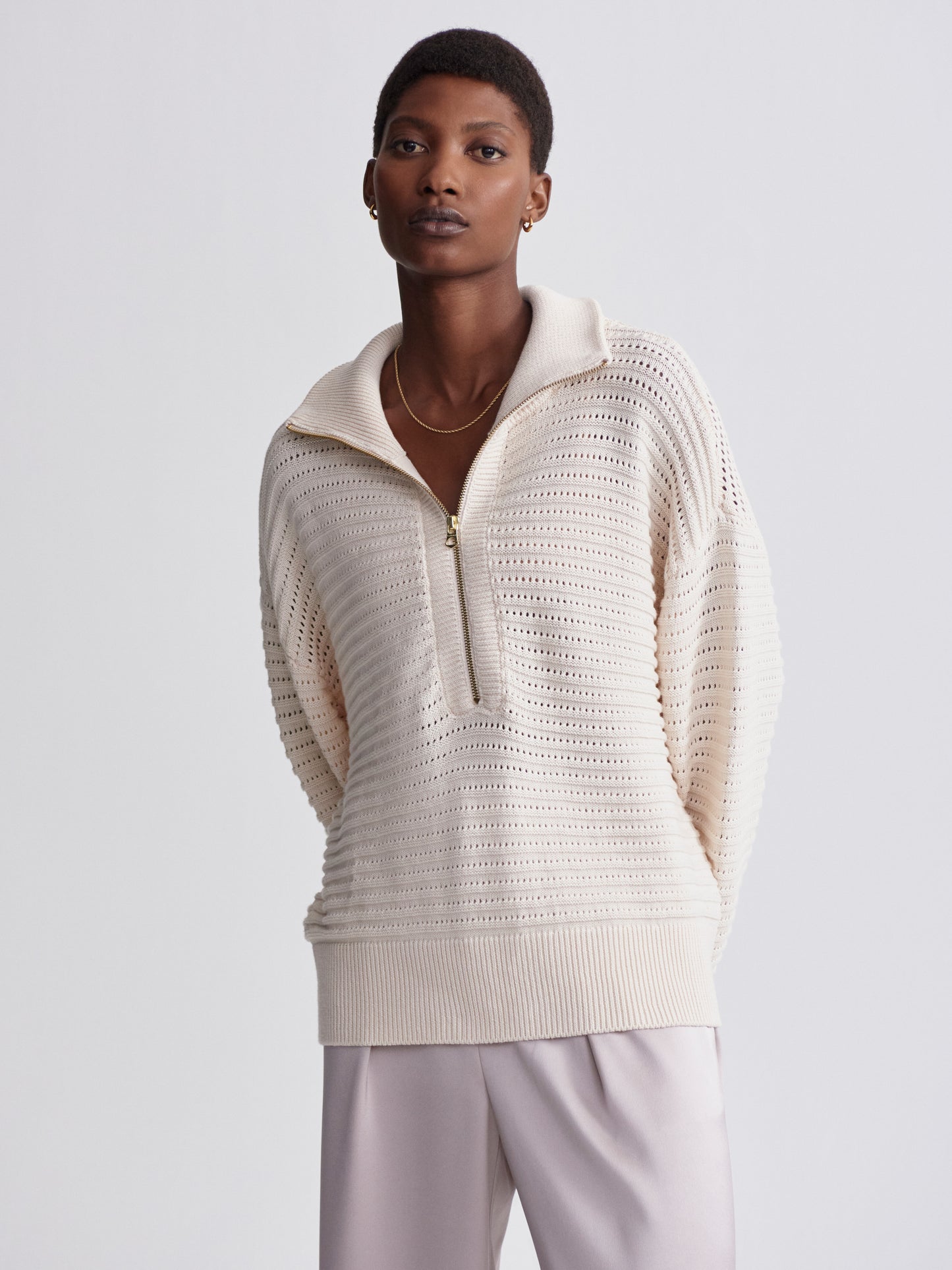 Tara Pointelle Half Zip -  Whitecap Grey