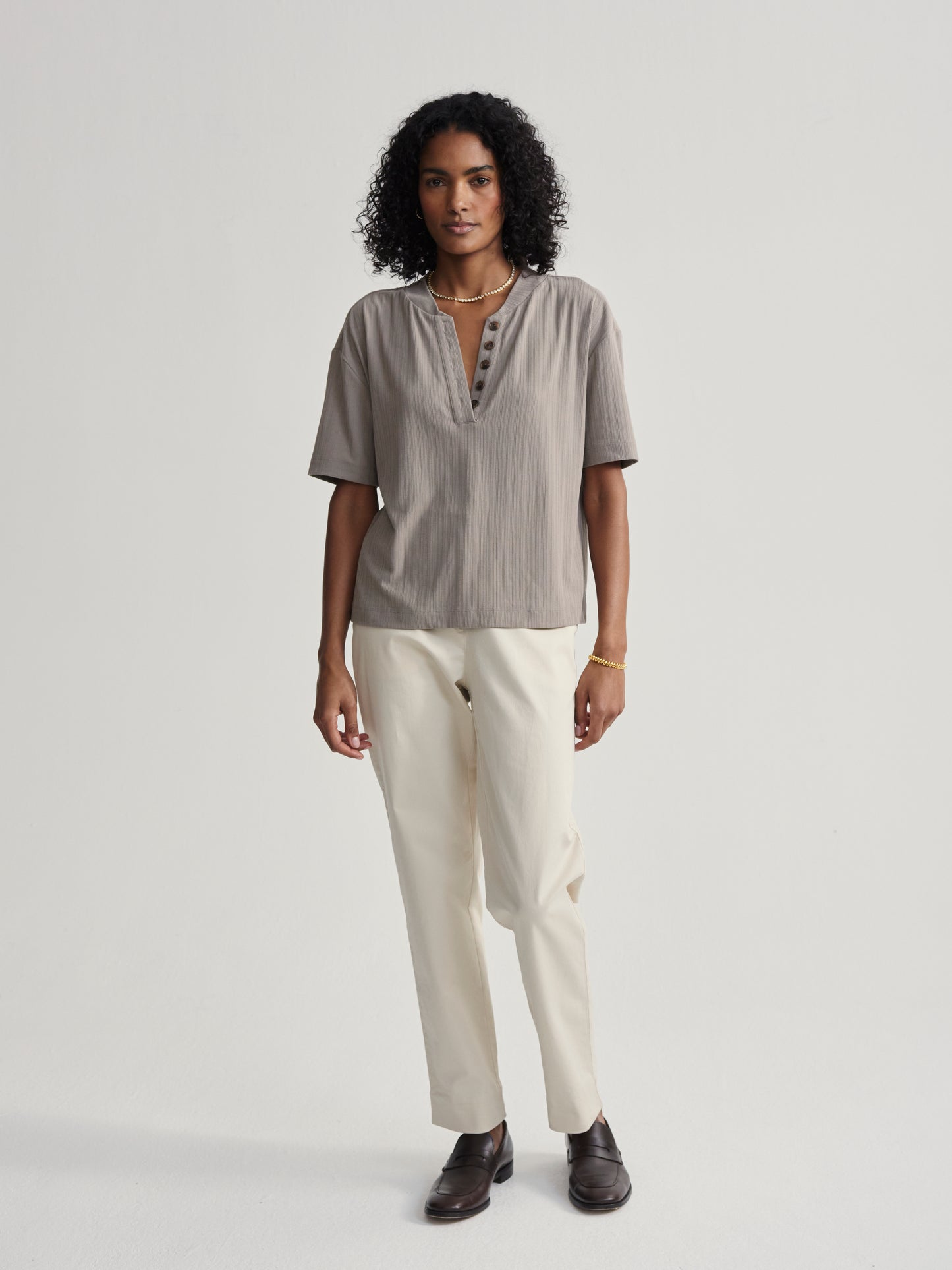 Kasey Mock Placket Rib Tee - Cinder