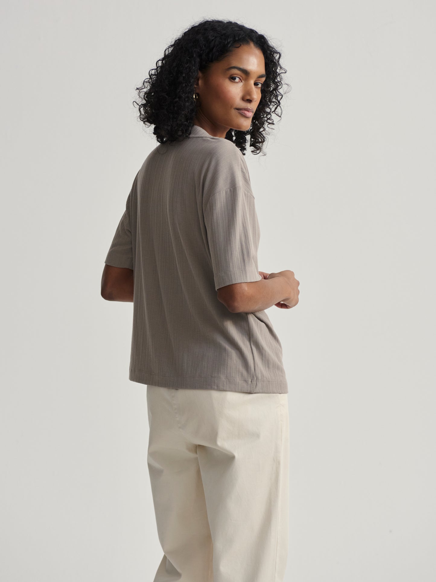 Kasey Mock Placket Rib Tee - Cinder