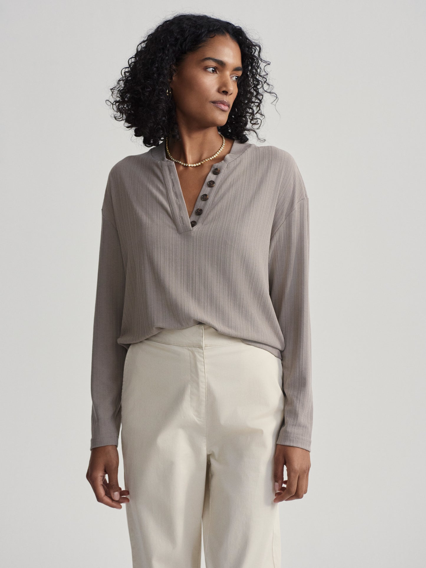 Lottie Long Sleeve Placket Tee - Cinder