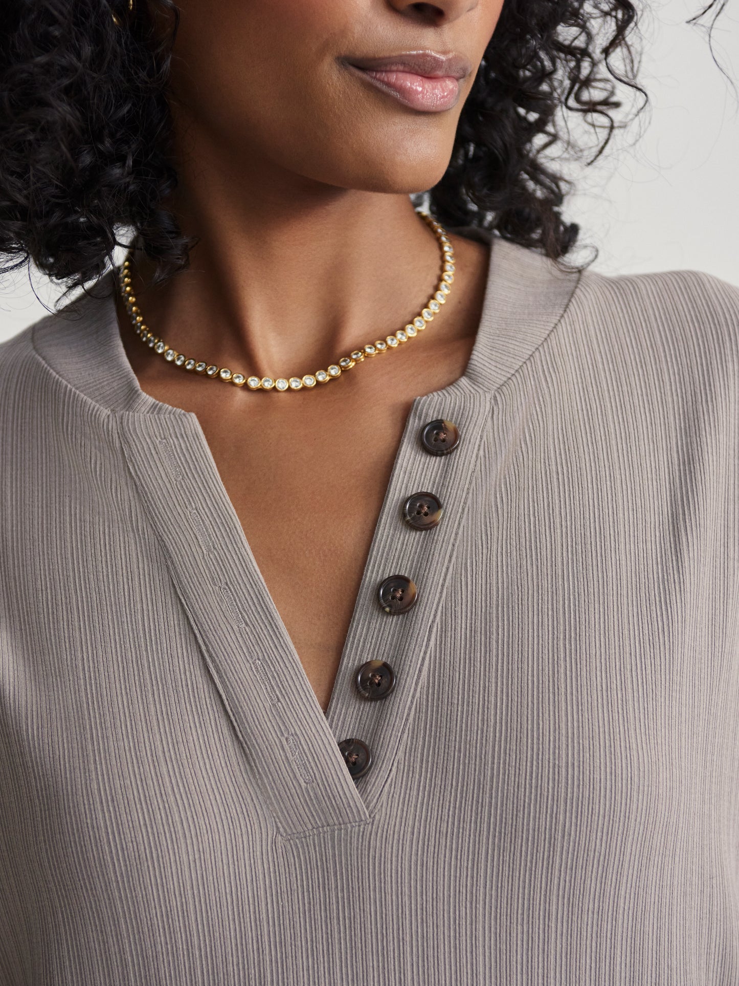 Lottie Long Sleeve Placket Tee - Cinder