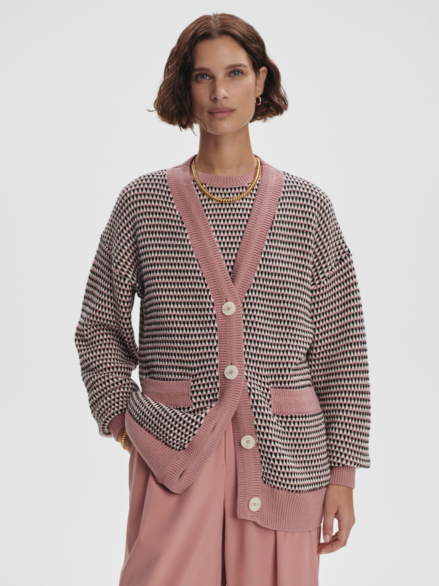 Tiffany Textured Knit Cardigan - Woodrose Multi Stitch