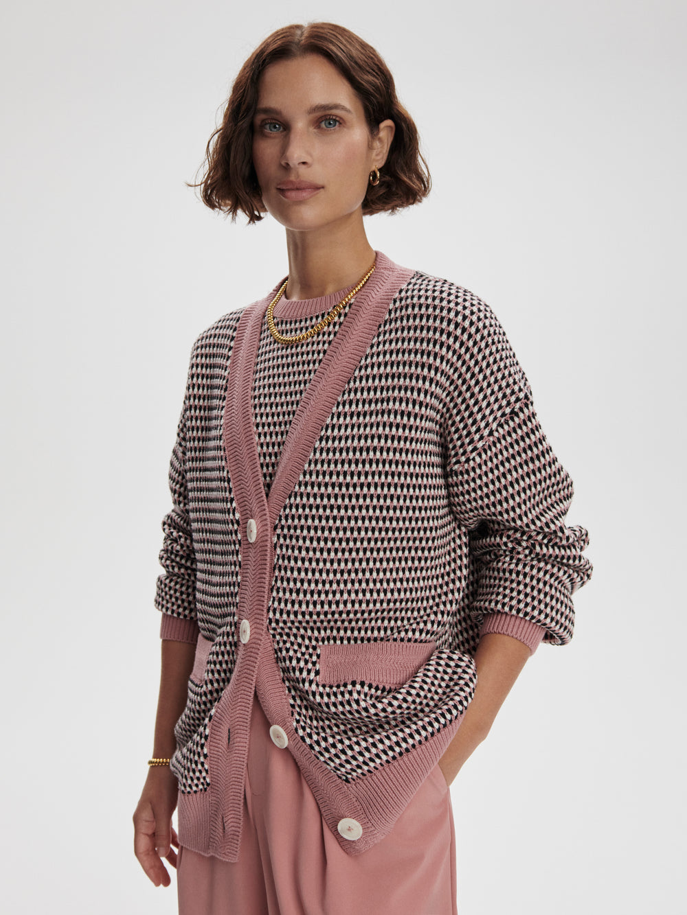 Tiffany Textured Knit Cardigan - Woodrose Multi Stitch