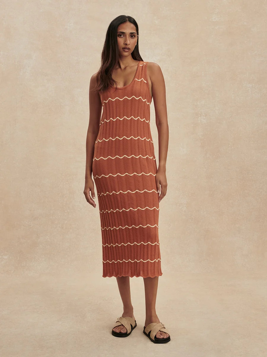 Yuna Scallop Knit Dress - Caramel Clay/Anise Flower