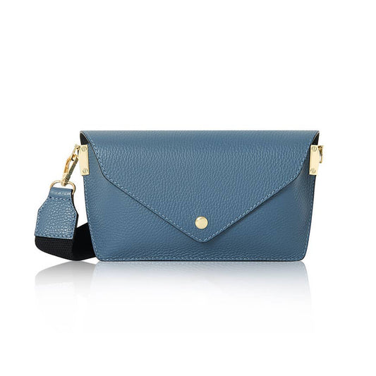 Italian Leather Crossbody Bag with Canvas Strap: Denim Blue