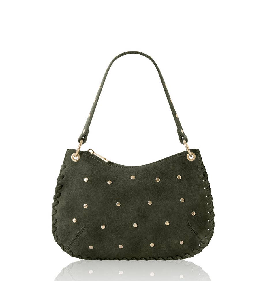 Italian Suede Studded Crossbody Bag: Light Chocolate