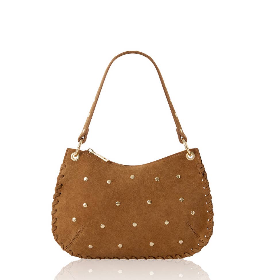 Italian Suede Studded Crossbody Bag: Dark Tan