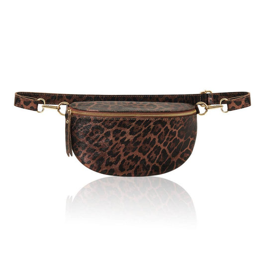Italian Leather Leopard Print Crossbody Bum Bag: Dark Tan Leopard
