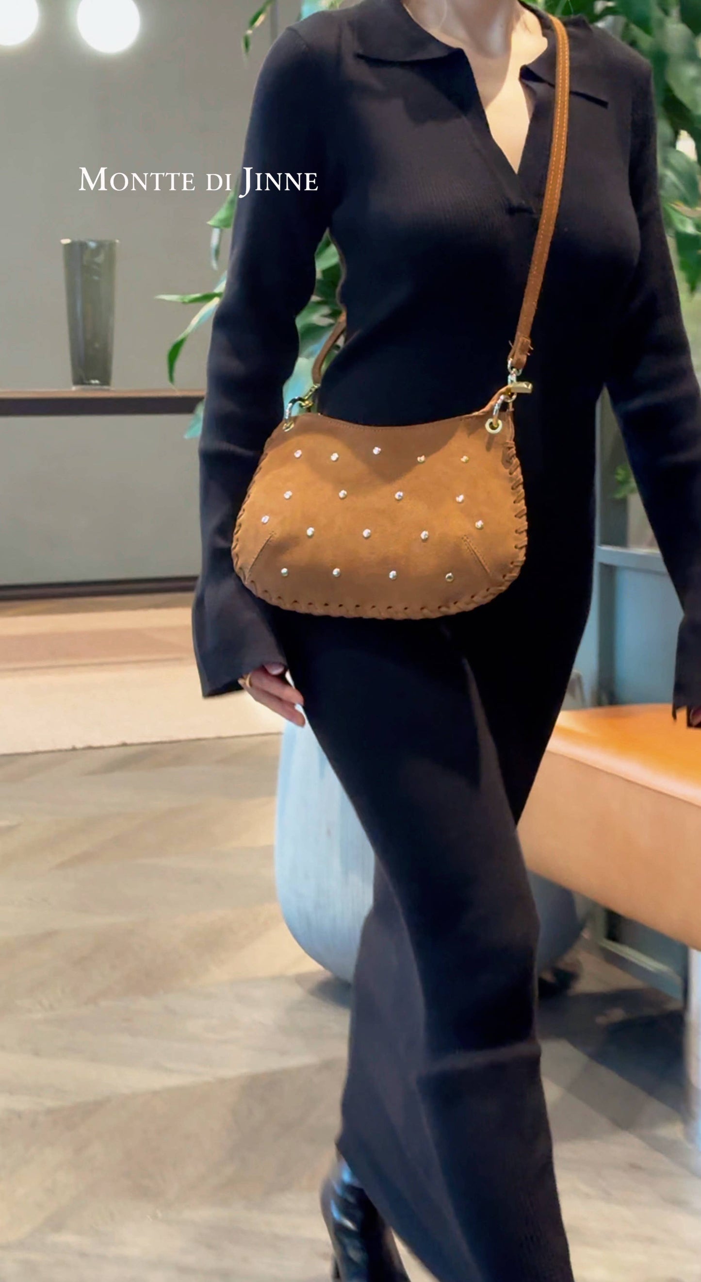 Italian Suede Studded Crossbody Bag: Light Chocolate