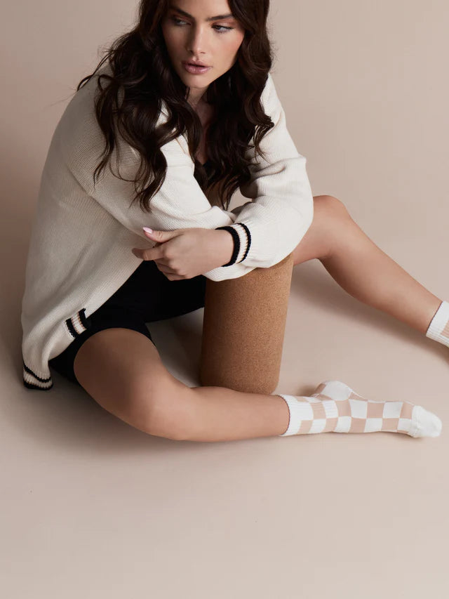 Gingham Crew Pilates Grip Sock - Beige