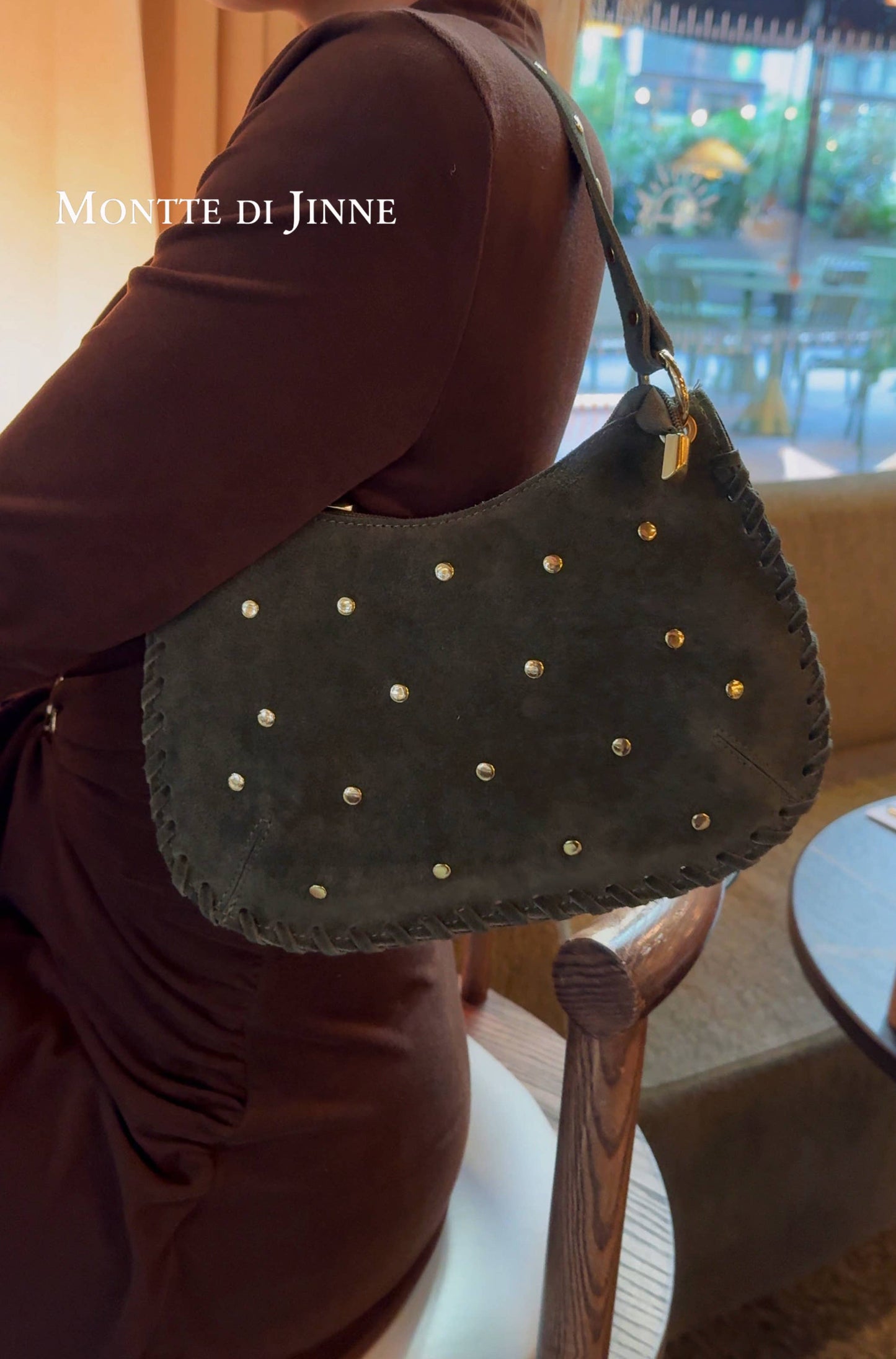 Italian Suede Studded Crossbody Bag: Dark Tan