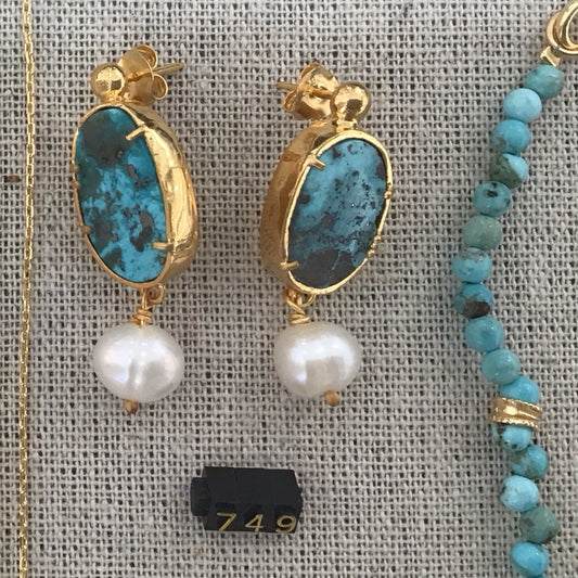 Vermeil Iranian Turquoise and Pearls earrings