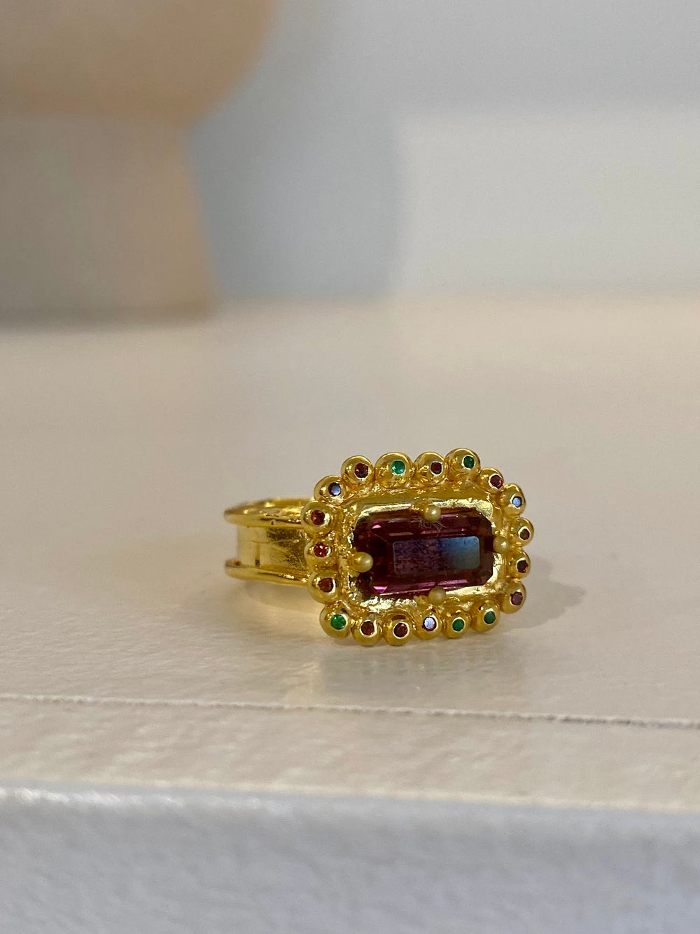 Vermeil Ring Rectangle Purple Tourmaline with Tsavorite. Garnets