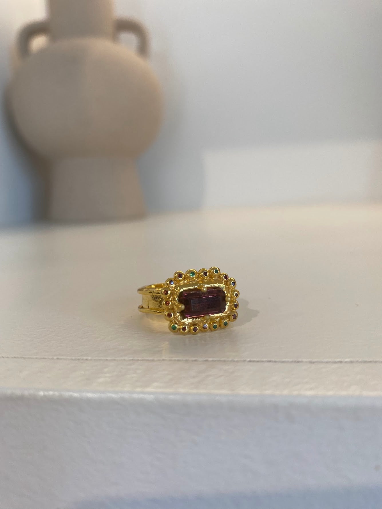 Vermeil Ring Rectangle Purple Tourmaline with Tsavorite. Garnets